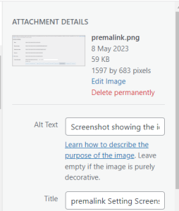 Screenshot showing alt text, title information for a picture to be added to website content